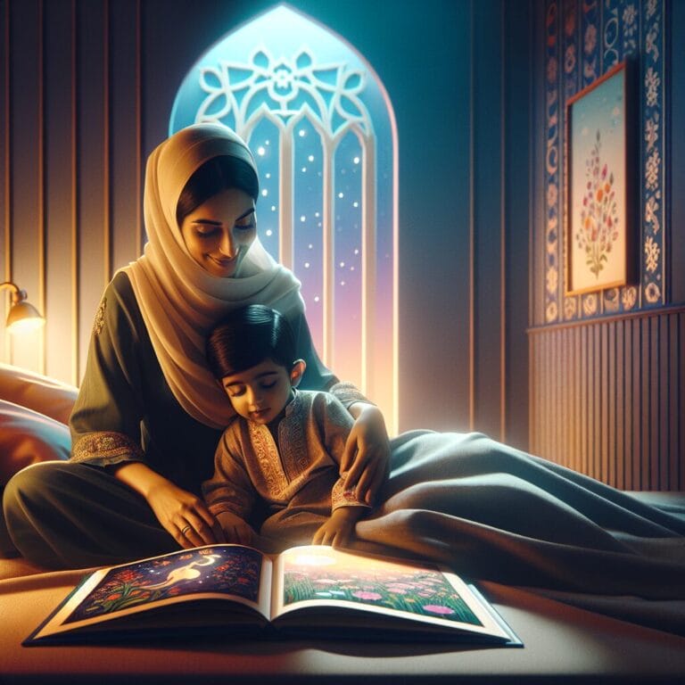A child being tucked into bed by a loving parent with a storybook open and a soft nightlight in the background symbolizing a peaceful and screenfree bedtime routine