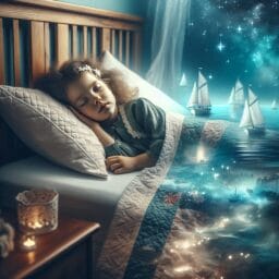 A child peacefully sleeping in a bed under a starry night sky with a gentle expression of calm on their face surrounded by soft glowing imagery of sailboats and calm seas