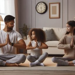 A child practicing family yoga with their parents in a cozy living room while an analog clock shows its early evening