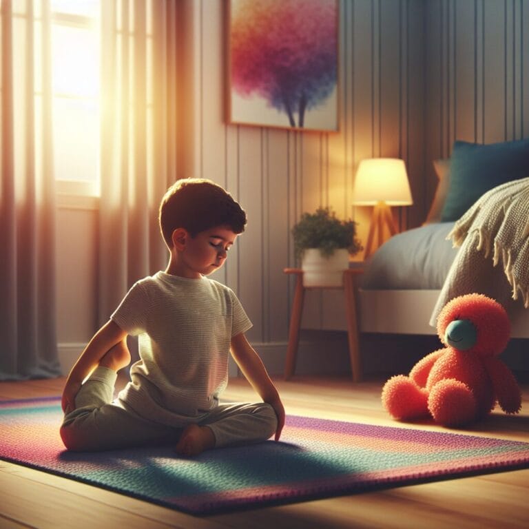 A child practicing gentle yoga poses in a serene bedroom with a plush toy nearby and soft lighting creating a calming atmosphere