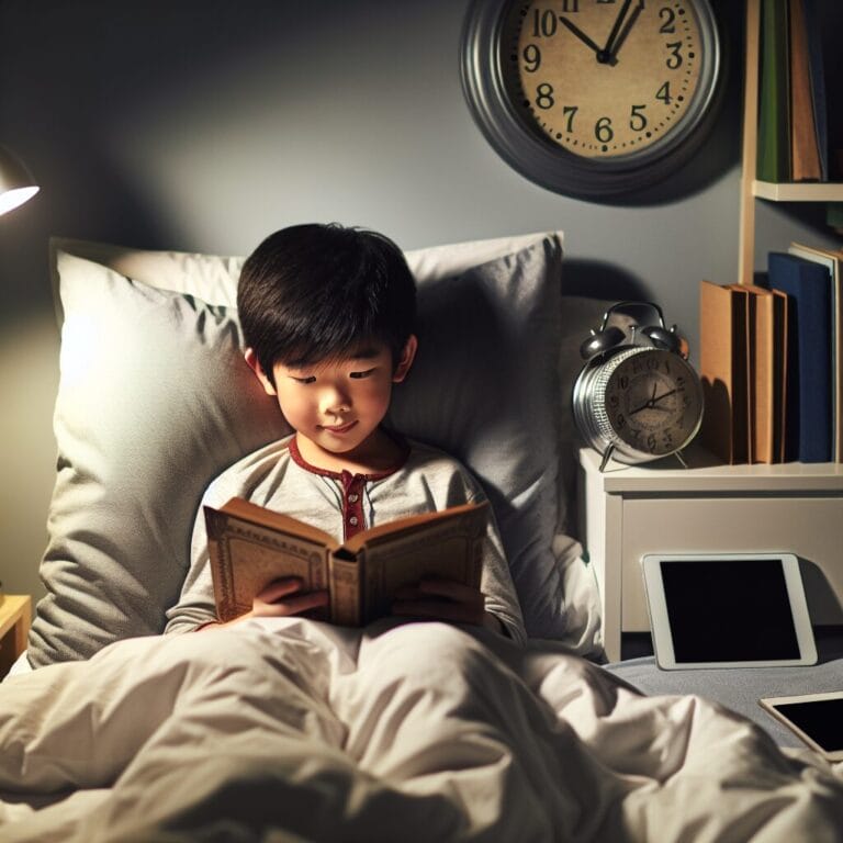 A child reading a book in bed a clock showing one hour to bedtime and electronic devices turned off and put away