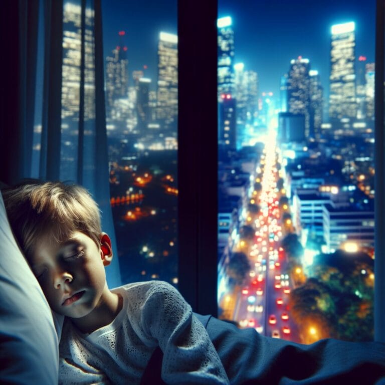 A child sleeping peacefully in a quiet dark bedroom despite the glowing lights of a cityscape visible through the window