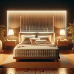 A comfortable bedroom setup for optimal sleep with a memory foam mattress ergonomic pillows bamboo sheets and a serene and restful ambiance possibly with a dim bedside lamp and calming colors