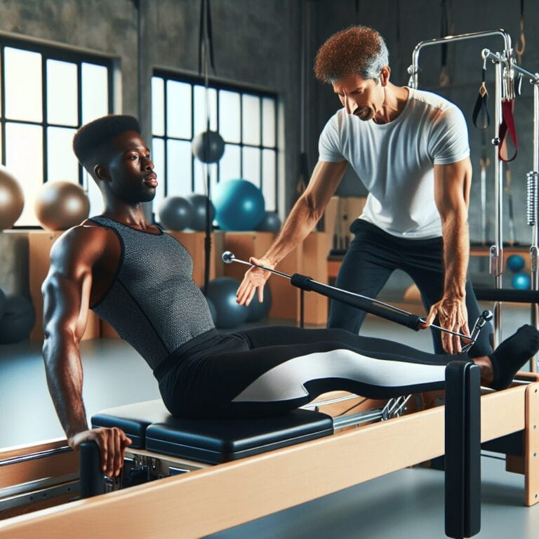 A competitive athlete practicing Pilates on a reformer machine focusing on core exercises under the guidance of an experienced instructor