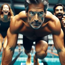 A competitive swimmer poised on the starting block focused and ready to dive into a race with teammates cheering in the background