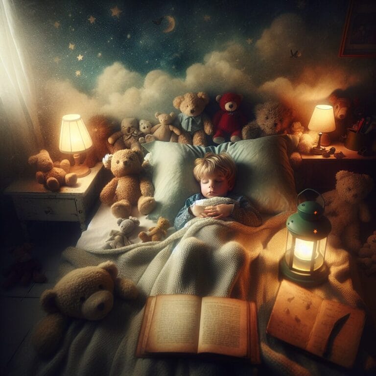 A cozy and tranquil bedroom with a small child peacefully sleeping cuddly toys nearby soft nightlight glowing and a storybook on the bedside table