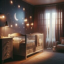 A cozy and tranquil toddlers bedroom at night with a comfortable crib soft lighting a white noise machine and thick curtains blocking outside light