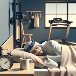 A cozy bedroom with a person sleeping peacefully a mug of coffee on the bedside table a clock showing an early evening hour and fitness equipment in the background to imply an active lifestyle
