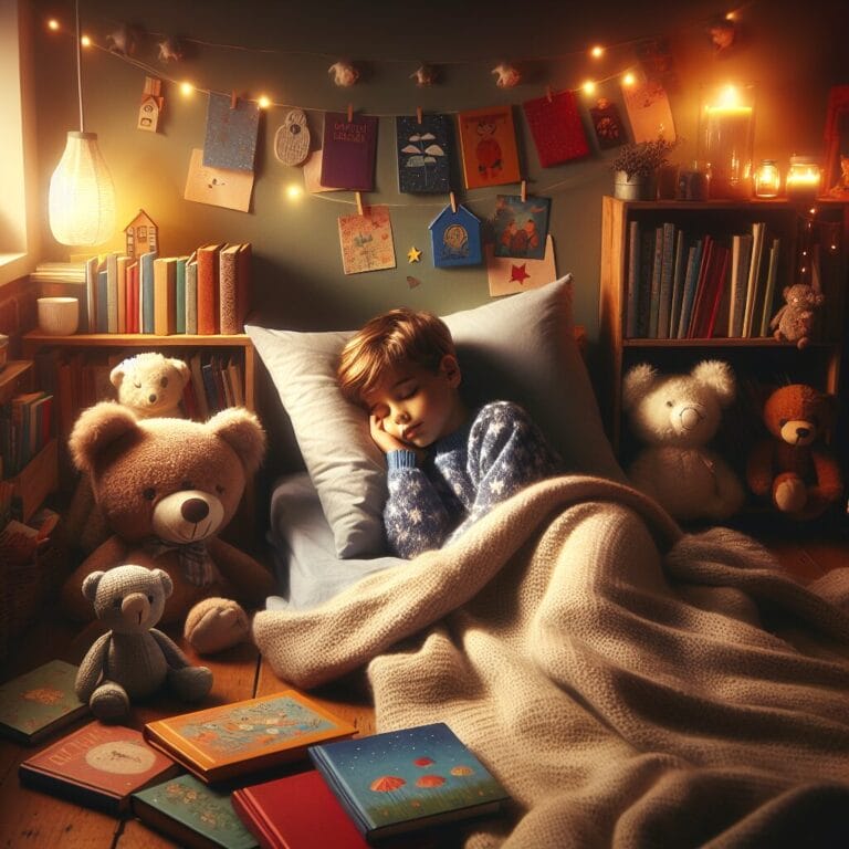 A cozy childrens bedroom with no electronic devices showing a calm bedtime environment with a young child sleeping peacefully in bed surrounded by books and soft toys