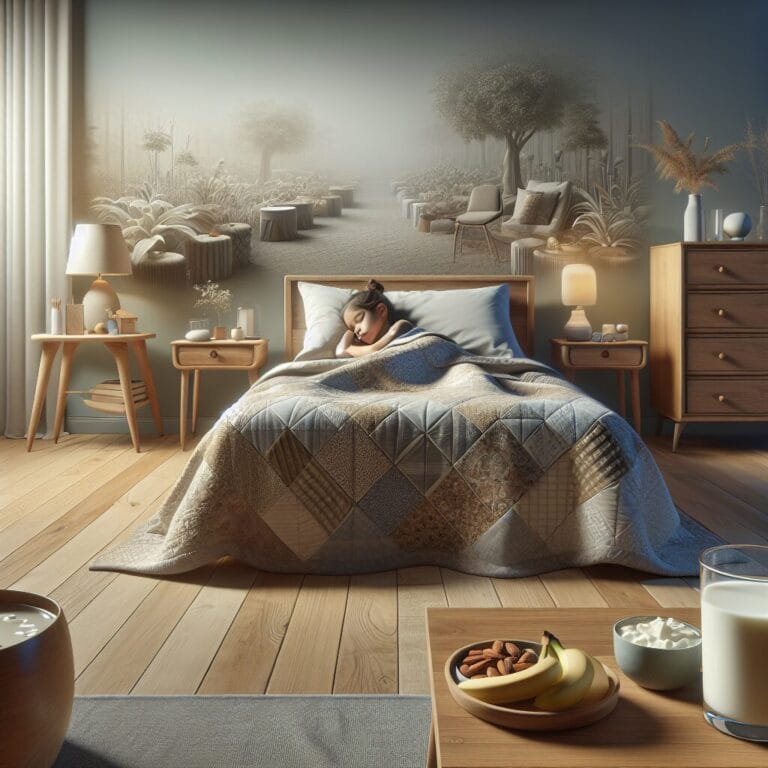 A cozy peaceful bedroom with a small child peacefully sleeping in a bed surrounded by subtle references to healthy foods like bananas almonds and a glass of milk on a bedside table