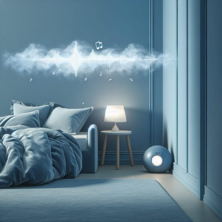 A cozy toddler bedroom with soft blue walls a comfortable bed with cloudlike bedding a nightlight and gentle white noise in the background