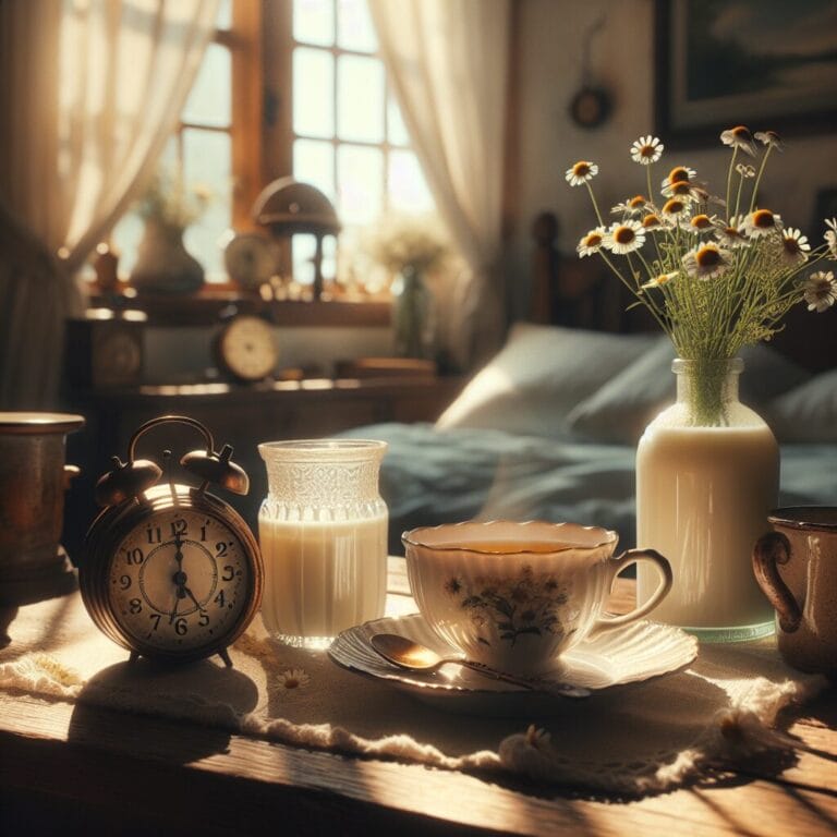 A cup of chamomile tea a glass of warm milk and a mug of apple cider on a table with a clock showing 3 PM and a peaceful bedroom in the background