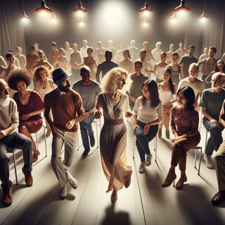 A diverse group of people in a vibrant welllit dance studio transitioning between dance moves fluidly with one person showcasing a unique dance style while others watch in admiration