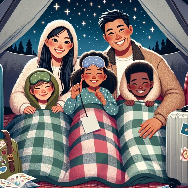 A family with children happily camping in a tent under the stars with travel luggage a cozy sleeping bag a child wearing a sleep mask and a playful storybook nearby