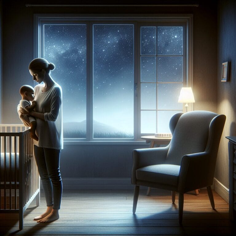 A gentle parent comforting a baby in a softly lit nursery with a chair beside the crib and stars visible through the window