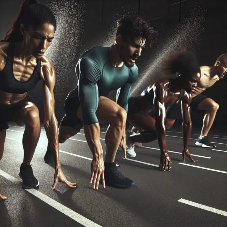 A group of athletes performing highintensity interval training alternating between sprinting and resting with visible exhaustion and determination