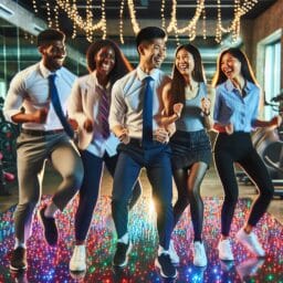 A group of business professionals laughing and dancing together in a Zumba class wearing office attire with sneakers surrounded by colorful lights and gym equipment