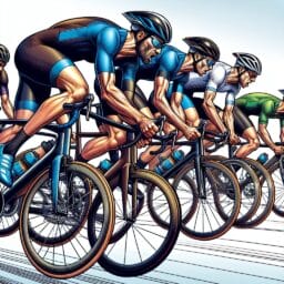 A group of cyclists competing in a race showcasing their athleticism and highperformance bicycles