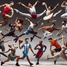 A group of diverse athletes smiling and striking various dance poses in a studio with a visible expression of joy and confidence emphasizing the fusion of dance and sports