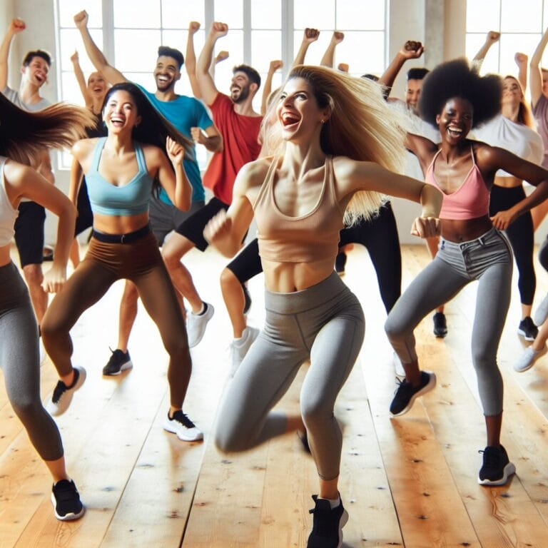 A group of diverse people joyfully participating in a dance fitness class with a focus on movements that emphasize coordination and cardio set in a bright energetic studio environment