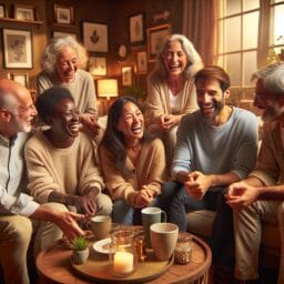 A group of diverse people laughing together in a cozy living room symbolizing a strong social network