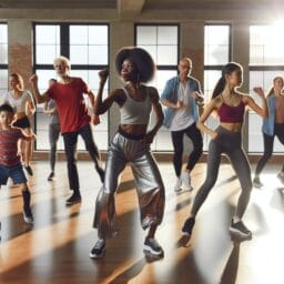 A group of diverse people of different ages joyfully participating in a dance fitness class with an instructor leading energetic moves to vibrant rhythms in a bright community gym setting