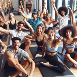 A group of diverse young people enthusiastically participating in a dynamic Pilates class showing movement and energy with a focus on fun and engagement in a brightlylit modern studio