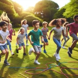 A group of happy diverse children outside doing various cardio exercises such as jumping rope running and playing tag in a sunny park setting