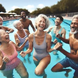 A group of happy seniors participating in a water aerobics class at a community pool demonstrating social interaction and exercise