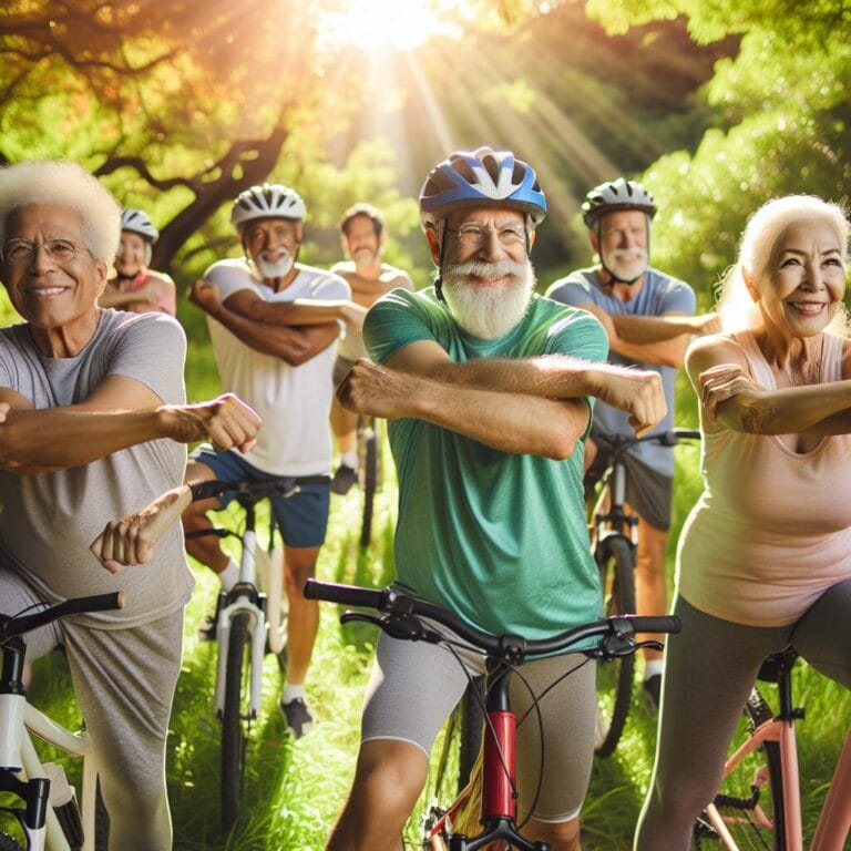 A group of happy seniors wearing safety helmets and comfortable athletic clothing stretching gently and doing warmup exercises in a park before starting a scenic bicycle ride together
