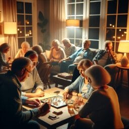 A group of older adults enjoying a calm evening social gathering with soft lighting playing board games and chatting with a person in the background taking a short nap on a couch