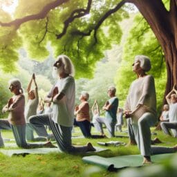 A group of seniors practicing gentle Hatha yoga in a peaceful park setting focusing on breathing and slow movements