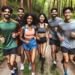 A group of trail runners with diverse gear smiling and running together on a forest trail showcasing camaraderie and natural scenery without any branding or logos