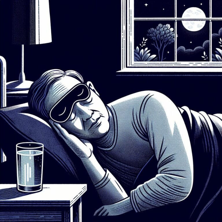 A middleaged adult peacefully sleeping in a dark quiet bedroom with a sleep mask on and a glass of water on the bedside table highlighting a healthy sleep environment