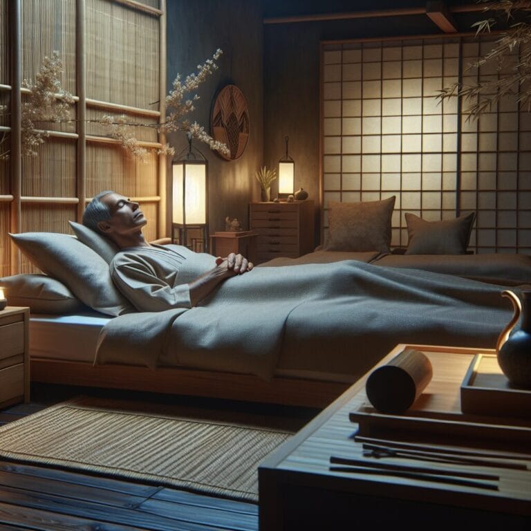 A middleaged adult peacefully sleeping with a serene expression in a wellorganized zenstyle bedroom with dim lighting bamboo sheets and a hint of lavender in the air