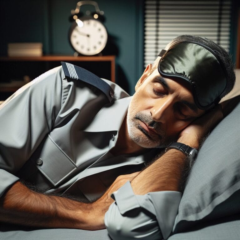 A middleaged adult wearing a night shift uniform peacefully sleeping in a cozy dimly lit bedroom with a sleep mask on and a clock showing late night hours