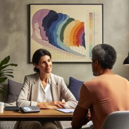 A middleaged person consulting with a sleep specialist in a calm professional office environment with a relaxed and attentive atmosphere and a chart of sleep stages in the background