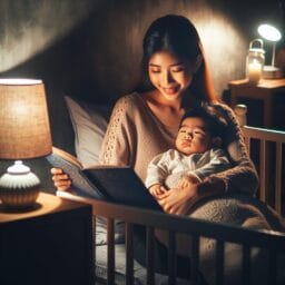 A mother quietly reading a bedtime story to a relaxed baby in a dimly lit cozy nursery room with a crib and a nightlight