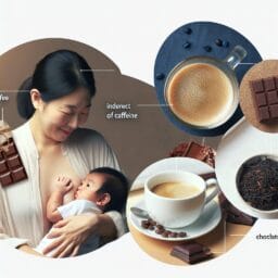 A mother tenderly breastfeeding her infant with a transparent overlay of a coffee cup chocolate bar and tea leaves indicating indirect sources of caffeine