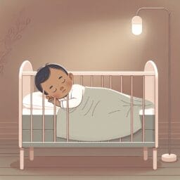 A newborn sleeping peacefully in a minimalist crib with a soft blanket dim lighting and a gentle nightlight in the background illustrating a safe and calm sleep environment