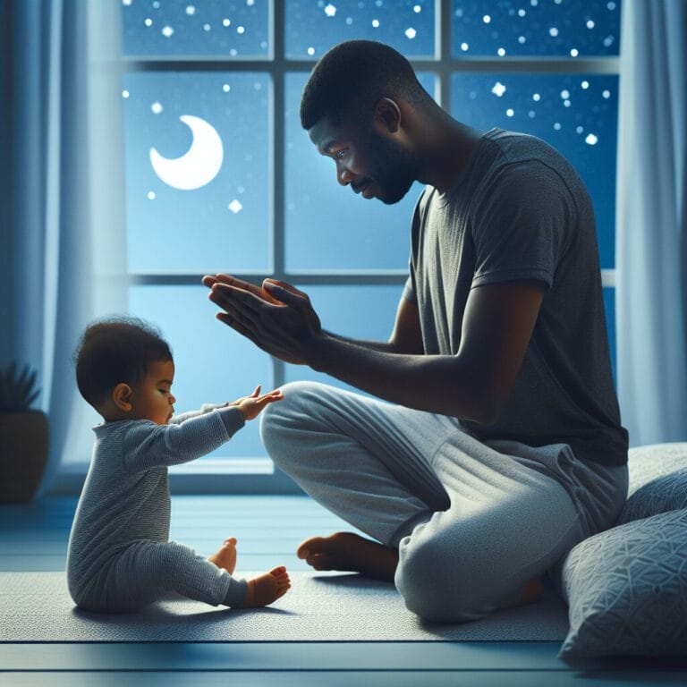 A parent and infant practicing gentle yoga together in a serene bedroom setting before bedtime