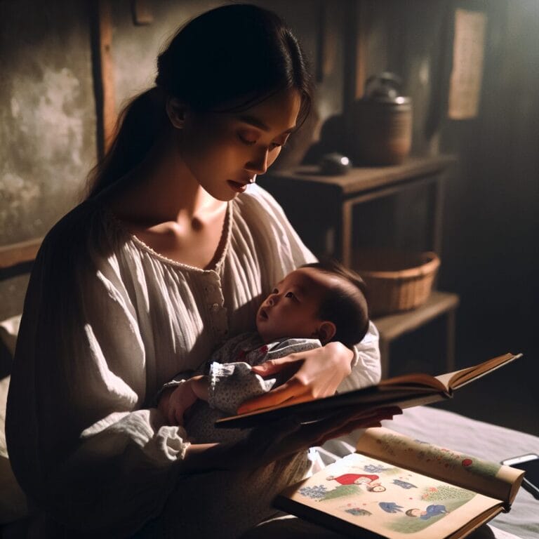 A parent cuddling with their infant in a dimly lit nursery reading a bedtime story from a book with a mobile phone placed aside indicating a balance between technology and traditional parenting