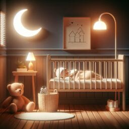 A peaceful and cozy nursery with a crib a gentle night light and a sleeping baby with a soft blanket and a teddy bear close by