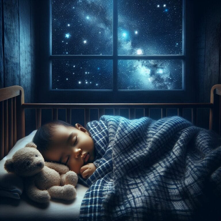 A peaceful baby sleeping in a crib under a starry night sky with a gentle night light and a teddy bear by its side