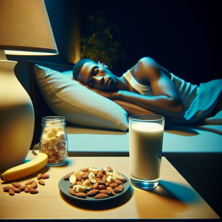 A peaceful bedroom scene at night with a glass of warm milk and a small plate of almonds and bananas on the nightstand next to a sleeping person