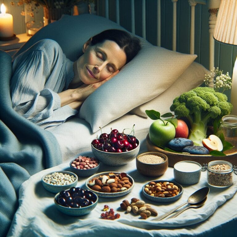 A peaceful bedroom setting with a vegetarian asleep in bed surrounded by a variety of sleeppromoting plantbased foods like cherries nuts and seeds gently resting on a nightstand