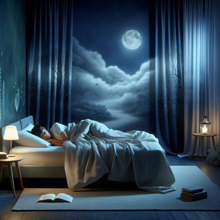 A peaceful bedroom with a teenager sleeping soundly showing elements like blackout curtains a book on the nightstand and a calm technologyfree environment that promotes restful sleep