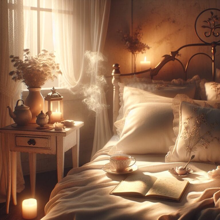 A peaceful bedroom with dim lighting cotton sheets on the bed a journal on the nightstand and a cup of chamomile tea