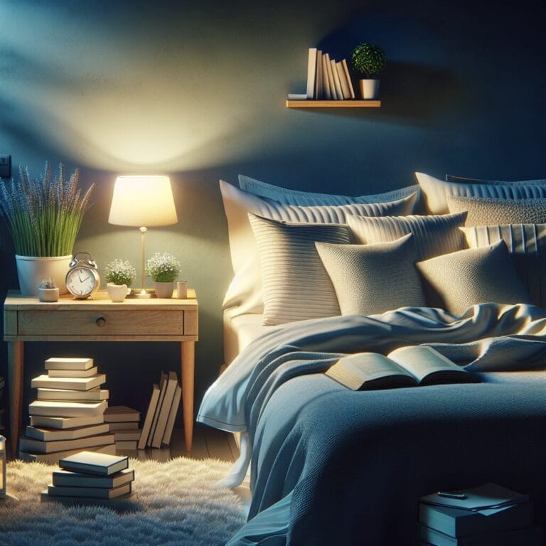 A peaceful bedroom with soft lighting a comfortable bed with plush pillows and blankets a nightstand with a stack of books and a small lavender plant with no electronic devices in sight