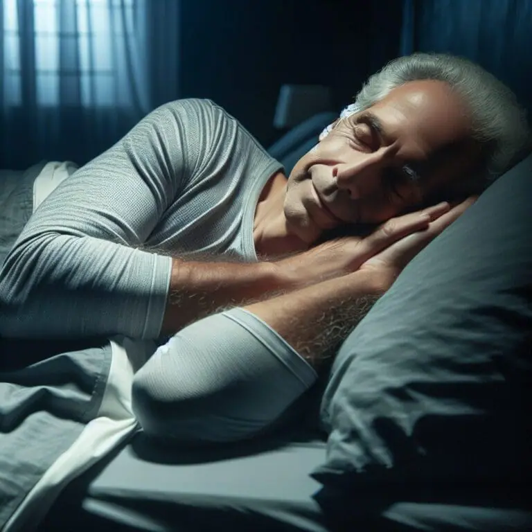 A peaceful elderly person sleeping comfortably in their bed at night with a serene expression and a dark quiet bedroom environment